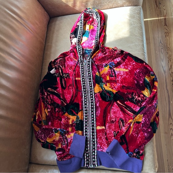 Custo Barcelona Tops - Custo Barcelona rare multi velvet hoodie Y2K luxe designer 100% silk jacket